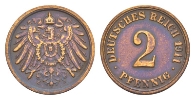 Германия 2 пфеннига 1911 A, Вильгельм II (1888-1918) KM 16, J. 11 медь 4164-262