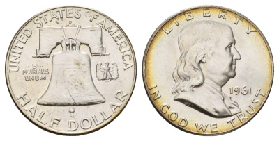 США 1/2 доллара (50 центов) 1961 D, Бенджамин Франклин, колокол KM 199 серебро aUNC 1528-1041