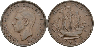 Великобритания 1/2 пенни 1942 Георг VI (1936-1952) KM 844, Spink 4115 бронза 190-713