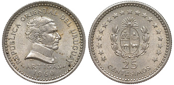 Уругвай 25 сентесимо 1960 KM 40 медно-никель 4580-1146