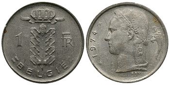 БЕЛЬГИЯ 1 ФРАНК 1974 BELGIE KM 143.1 медно-никель 84-851