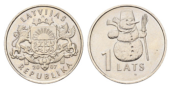 Латвия 1 лат 2007 Снеговик KM 85 медно-никель UNC 4679-337