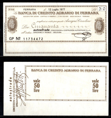 Италия 50 лир ND (1976-1977) банковский чек бумага 7375-39-2-1