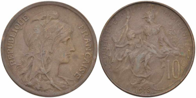 ФРАНЦИЯ 10 САНТИМОВ 1916 ТИП ДАНИЭЛЬ ДЮПЮИ, INCLUS KM 843, LA FRANC 136.28 бронза 109-413