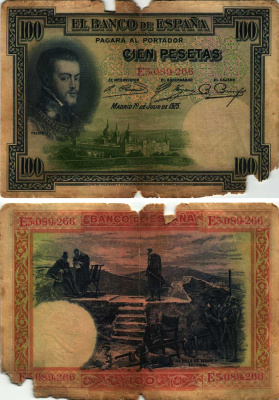 ИСПАНИЯ 100 ПЕСЕТ 1931 МАДРИД, 19 ИЮЛЯ 1925, ФИЛИПП II, СТУЛ ФИЛИППА II ЭСКОРИАЛ , СЕРИЯ E3089266 Pick 69b бумага 8609-41-2