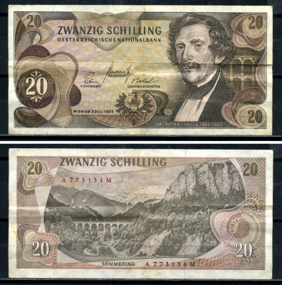 Австрия 20 шиллингов 1967 2 июля 1967, Карл Риттер фон Гега, brown color Pick 142a(1) бумага 8601-3-4-2