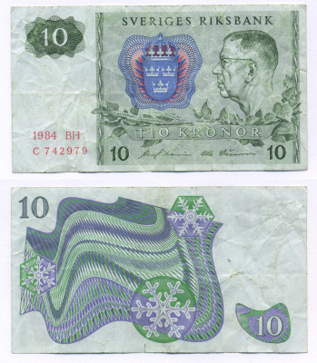 ШВЕЦИЯ 10 КРОН 1984 СЕРИЯ BH, ГУСТАВ VI АДОЛЬФ Pick 52е бумага 6266-4-4-1
