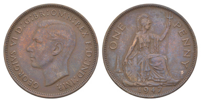 Великобритания 1 пенни 1947 Георг VI (1936-1952) KM 845, Spink 4114 бронза 4381-1212