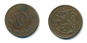 Финляндия 10 пенни 1920 республика (1918-1962) KM 24 медь 36-136