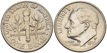 США 10 ЦЕНТОВ = 1 ДАЙМ 1996 P, РУЗВЕЛЬТ KM 195а медь плакированная медно-никелем 66-1133