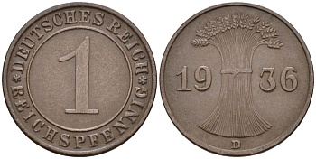 Германия 1 рейхспфенниг 1936 D KM 37, J.313, Weege 2 медь 4585-641