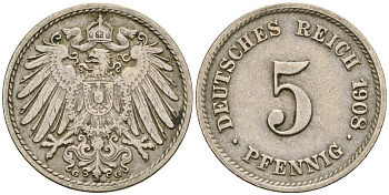 Германия 5 пфеннигов 1907 G, KM 11, J. 12 медно-никель 4364-4515