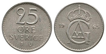 Швеция 25 эре 1965 U, Густав VI Адольф (1950-1973) KM 836 медно-никель 75-821