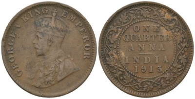 Британская Индия 1/4 анны 1913 Георг V (1910-1936) KM 512 бронза 98-1243