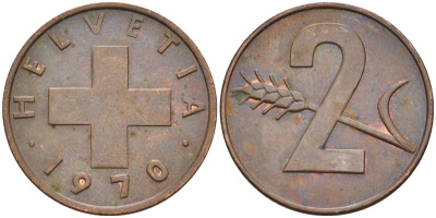 Швейцария 2 раппена 1970 KM 47 бронза 4592-637
