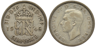 Великобритания 6 пенсов 1946 Георг VI (1936-1952) KM 852, Spink 4084 серебро 4538-626