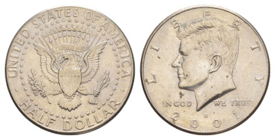 США 1/2 доллара (50 центов) 2001 D, Джон Кеннеди KM A202b медь плакированная медно-никелем aUNC 4517-334