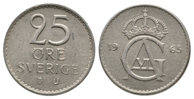 Швеция 25 эре 1965 U, Густав VI Адольф (1950-1973) KM 836 медно-никель 75-821