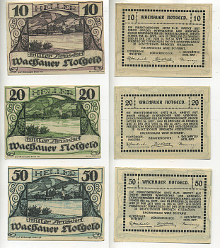 АВСТРИЯ, ВАЧАУ НАБОР ИЗ 3 БАНКНОТ 1920 30 СЕНТЯБРЯ 1920, НОТГЕЛЬД, 10, 20, 50 ГЕЛЛЕРОВ, MITTER ARNSDORF, ПЕРВЫЙ ВЫПУСК бумага aUNC 70-20-3