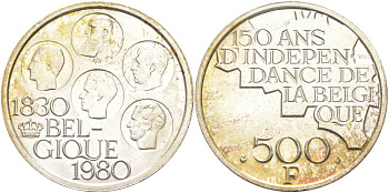 Бельгия 500 франков 1980 150 лет независимости, Belgique, Бодуэн I (1951-1993) KM 161 медно-никель покрытый серебром аUNC 4537-1112