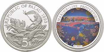 Палау 5 долларов 1993 морской мир, цветная эмаль KM 4 серебро PROOF 00-000-00