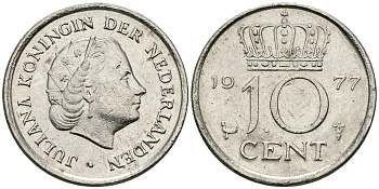 НИДЕРЛАНДЫ 10 ЦЕНТОВ 1977 ЮЛИАНА KM 182 никель 96-414