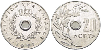Греция 20 лепта 1971 Константин II (1964-1974), оливковая ветвь KM 79 алюминий UNC 28-1013