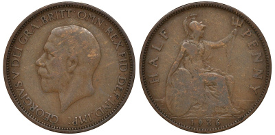 Великобритания 1/2 пенни 1936 Георг V (1910-1936) KM 837, Spink 4058 бронза 4163-545