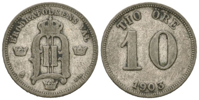 Швеция 10 эре 1903 EB, Оскар II (1872-1907) KM 755 серебро 4611-359