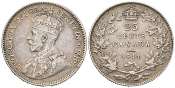 Канада 25 центов 1914 KM 24 серебро 4044-312