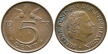 Нидерланды 5 центов 1977 Юлиана (1948-1980) KM 181 бронза 3999-251