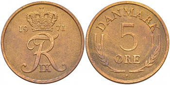 ДАНИЯ 5 ЭРЕ 1971 C; S, ФРЕДЕРИК IX (1947-1972) KM 848.1 бронза 87-1423