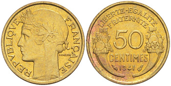 ФРАНЦИЯ 50 САНТИМОВ 1941 ТИП MORLON KM 894.1, LE FRANC 192.18 алюминиевая бронза 44-511
