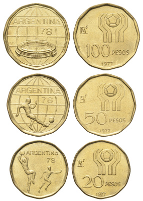 Аргентина набор из 3 монет (20, 50 и 100 песо) 1977 Чемпионат мира по футболу, Аргентина 1978 KM 75, 76 и 77 алюминиевая бронза UNC 4662-651-653