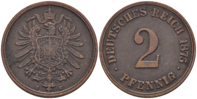 ГЕРМАНИЯ 2 ПФЕННИГА 1875 G, СТАРОГЕРБОВКА KM 2, J.2 медь 100-315