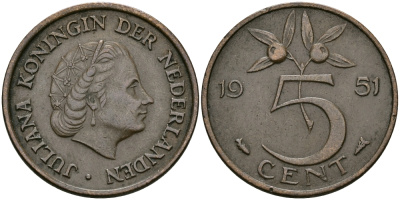 НИДЕРЛАНДЫ 5 ЦЕНТОВ 1951 ЮЛИАНА KM 181 бронза 95-243