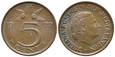 Нидерланды 5 центов 1977 Юлиана (1948-1980) KM 181 бронза 3999-251