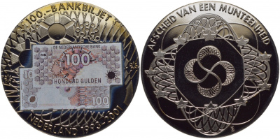 НИДЕРЛАНДЫ МЕДАЛЬ 2001 БАНКНОТА 100 ГУЛЬДЕНОВ, ЭМИССИЯ (1993-2001), ЦВЕТНАЯ ЭМАЛЬ, СЕРЕБРЕНИЕ медно-никель PROOF 01-150-11