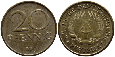 ГДР 20 пфеннигов 1969 А, первый год KM 11 латунь UNC 54-1334