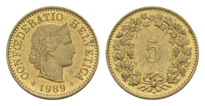 Швейцария 5 раппенов 1989 B KM 26c алюминиевая бронза 4609-254