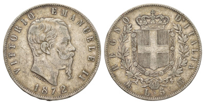 Италия 5 лир 1872 M BN, Виктор Эммануил II (1861-1878) KM 8.3 серебро 413-543