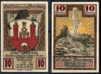 Бернбург (Анхальт) 10 пфеннигов 1921 Mehl Grabowski 95.1a бумага UNC (пресс) 7556-47-3-1