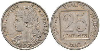 Франция 25 сантимов 1903 KM?855, Le Franc 168 никель 4584-1016