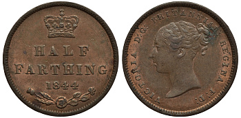 Великобритания 1/2 фартинга 1844 Виктория (1837-1901) KM 738, Spink 3951 медь 1523-1211