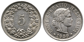 ШВЕЙЦАРИЯ 5 РАППЕНОВ 1959 В KM 26 медно-никель 75-1412