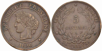 ФРАНЦИЯ 5 САНТИМОВ 1896 A, ТРЕТЬЯ РЕСПУБЛИКА (1871-1940) KM 821.1, LE FRANC 118.38 бронза 108-744