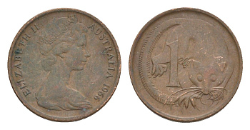 Австралия 1 цент 1966 Елизавета II (1952-2022), молодой портрет, опоссум KM 62 бронза 4588-1162