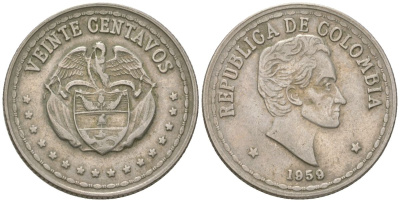 Колумбия 20 сентаво 1959 KM 215 медно-никель 4398-836