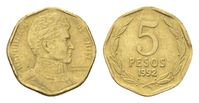 Чили 5 песо 1992 KM 232 алюминиевая бронза 4664-123