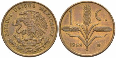 МЕКСИКА 1 СЕНТАВО 1959 KM 417 латунь 105-721